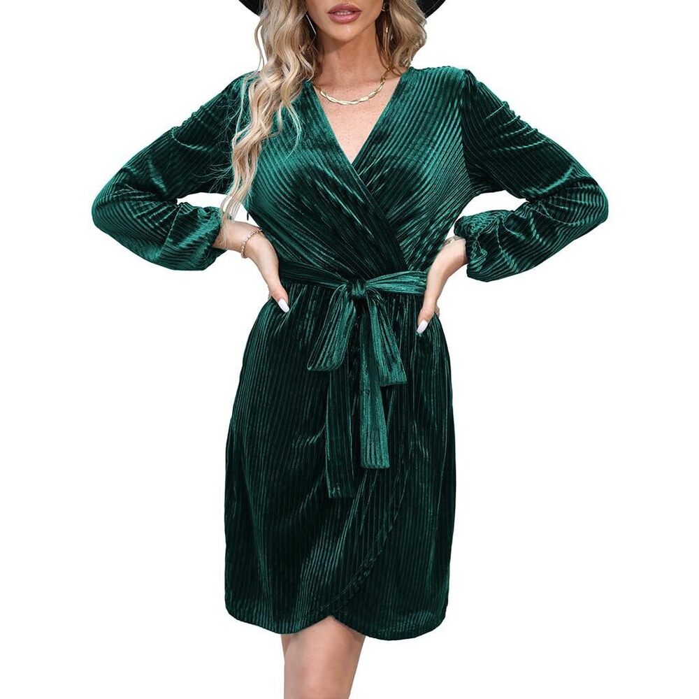 3798 Velvet Wrap Dress Ribbed Sexy V Neck Dress New Years Eve Dress Party